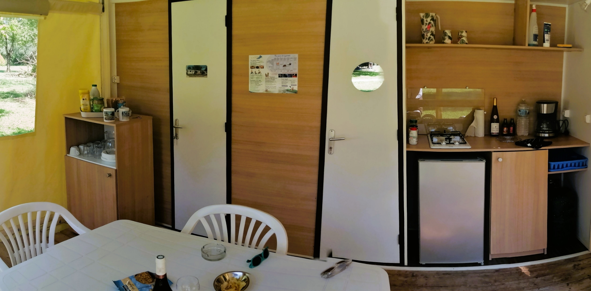 Kitchen area in the Tithome to rent at Les Bords de Loue campsite in Parcey